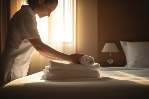 Female housekeeper clean towel. Staff care. Fictional person. Generate Ai