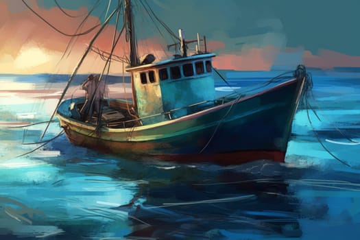 Fishing boat. Net fishery ocean. Generate Ai