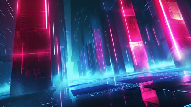 A digital illustration of a futuristic corridor bathed in vibrant neon lights, with a perspective that draws the eye towards infinity. Resplendent.