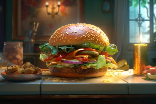 Homemade big cheeseburger. American meat. Generate Ai