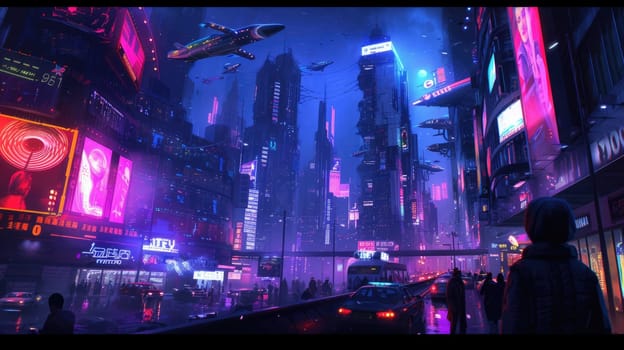 Futuristic city glows with soft hues, complemented by the sleek design of hovering vehicles above the vibrant skyline. Resplendent.