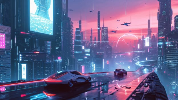 Futuristic city glows with soft hues, complemented by the sleek design of hovering vehicles above the vibrant skyline. Resplendent.