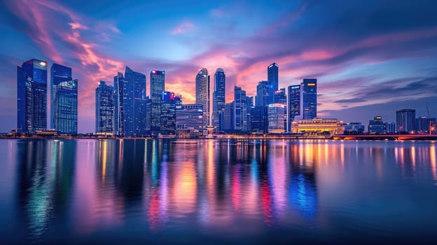 An evening cityscape with dramatic clouds, illuminated skyscrapers, reflecting lights on water, showcasing urban beauty and architecture. Resplendent.