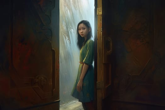 Girl entering in horror room. Door fantasy. Fictional person. Generate Ai
