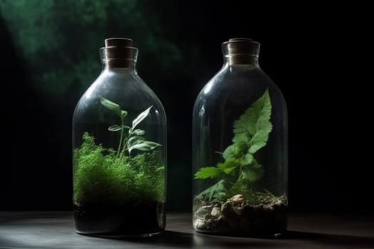 Glass bottle with green ecosystem. Natural plant. Generate Ai