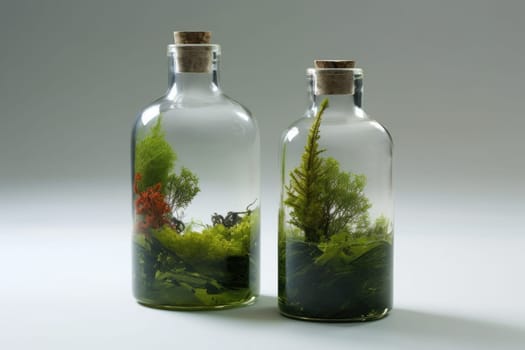 Glass bottle with green ecosystem decor. Light design. Generate Ai