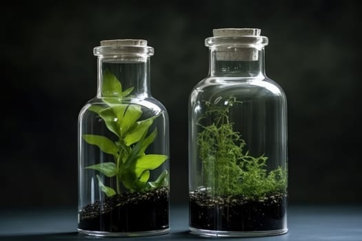 Glass bottle with green ecosystem flora. Global decor. Generate Ai