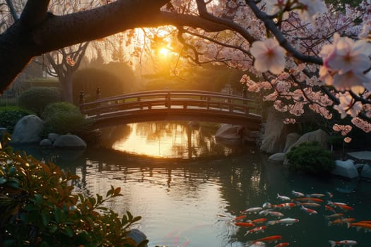 A serene Zen garden at sunrise, with a gently flowing stream, cherry blossoms in full bloom, and a quaint wooden bridge. Resplendent.