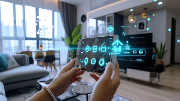 Hands hold a device with a smart home control interface, symbolizing the seamless connection between technology and home automation. AIG41