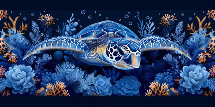 Sea turtle with ocean waves in the style of boho - seamless pattern. Environmental Protection.