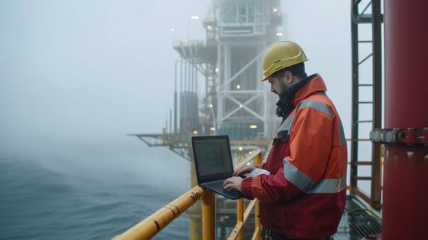 A man is using a laptop computer on a boat, surrounded by the vast expanse of water and sky in the ocean. AIG41