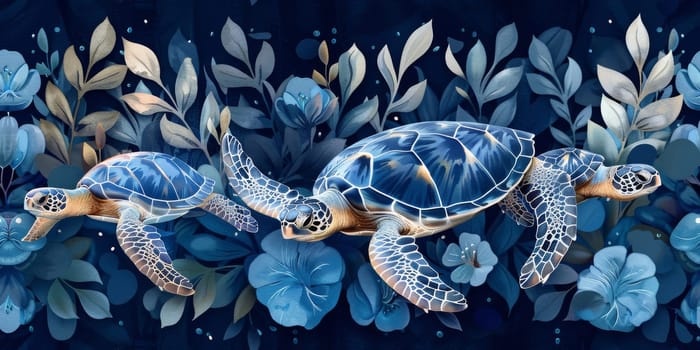 Sea turtle with ocean waves in the style of boho - seamless pattern. Environmental Protection.