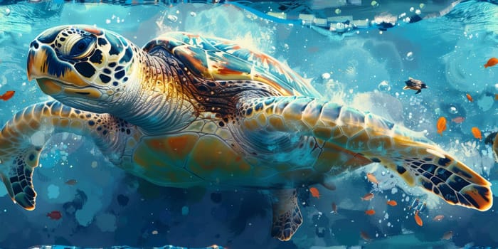 Sea turtle with ocean waves in the style of boho - seamless pattern. Environmental Protection.