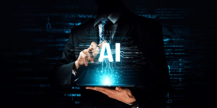 Human interact with AI artificial intelligence brain processor in concept of AI artificial intelligence engineering, big data and AI machine learning to use generative AI for business support. NLP.