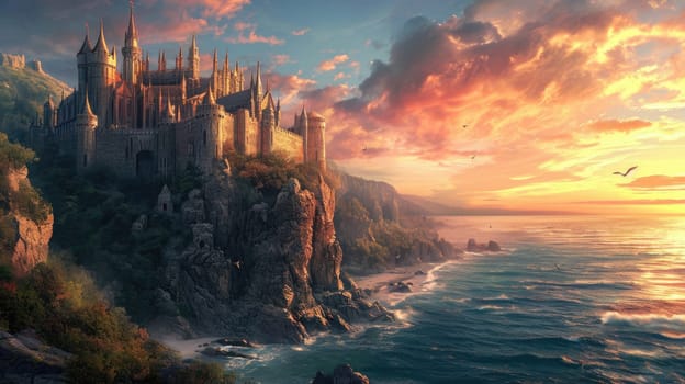 A medieval castle on a cliff overlooking the ocean, with knights and dragons. Medieval castle, cliffside setting, ocean view, knights, dragons, epic fantasy. Resplendent.