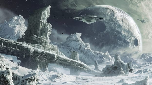 A futuristic space station sprawls across a harsh icy landscape, with a spacecraft approaching under the watchful gaze of a distant planet. Resplendent.