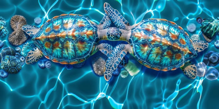 Sea turtle with ocean waves in the style of boho - seamless pattern. Environmental Protection.