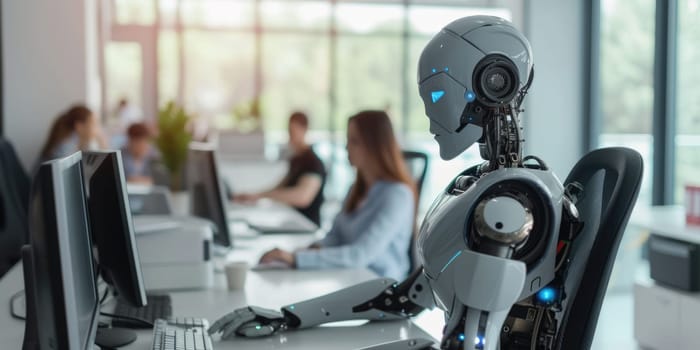 A humanoid robot with advanced features is seated at a desk, engaging in tasks alongside human colleagues in a modern office setting. AIG41