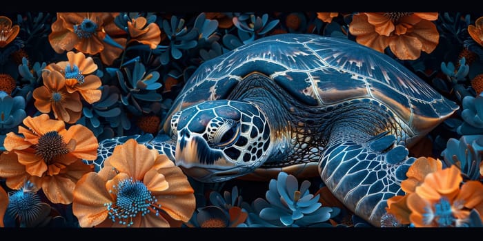 Sea turtle with ocean waves in the style of boho - seamless pattern. Environmental Protection.