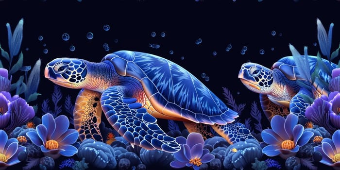 Sea turtle with ocean waves in the style of boho - seamless pattern. Environmental Protection.