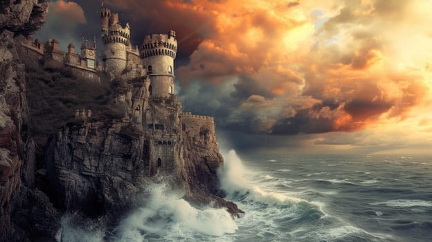 A historic medieval castle on a cliff, ocean waves crashing below, dramatic sky, knights and horses, period architecture. Resplendent.