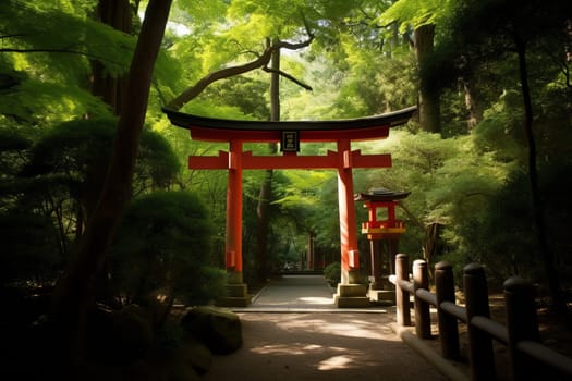 Japanese red arch. Travel landmark. Generate Ai