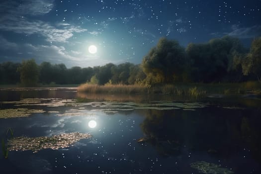 Magical pond of stars. Lake moon star. Generate Ai