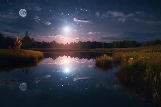 Magical moon stars. Scenery lake. Generate Ai