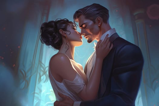 Man and woman kissing wedding. Romance relationship. Fictional person. Generate Ai