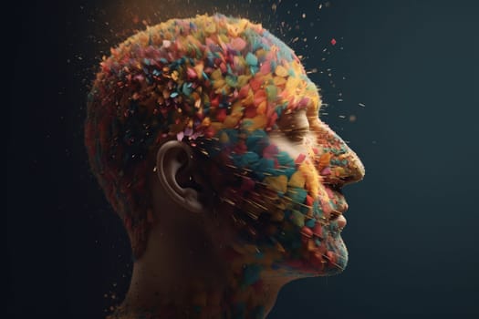 Colorful splashes man portrait. Canvas person. Fictional person. Generate Ai