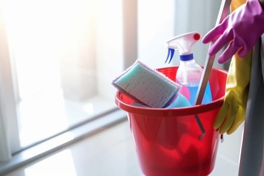 Man holding mop bucket. Service cleaning. Generate Ai