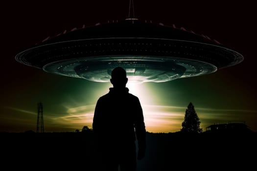 Man near ufo. Sky space night. Generate Ai