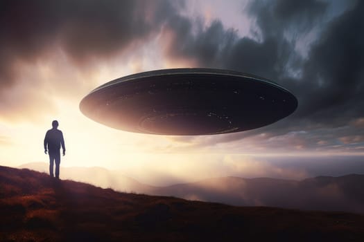 Man ufo spaceship sunset. Alien spaceship. Generate Ai