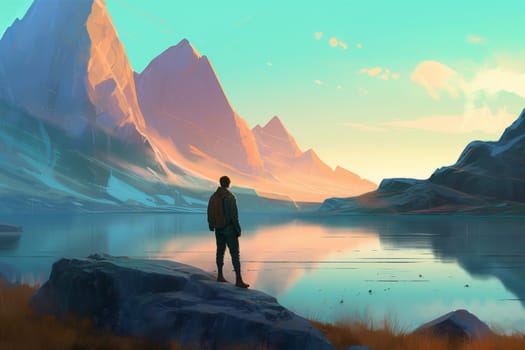 Man standing on shore. Sunrise scenery. Generate Ai