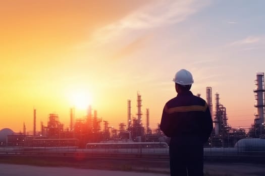 Petrochemical operator at sunset. Power operator. Fictional person. Generate Ai