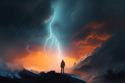 Person standing in front of storm. Sea sunset. Generate Ai