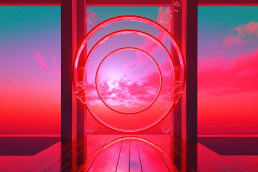 Neon travel portal gate. Pink wave travel. Generate Ai