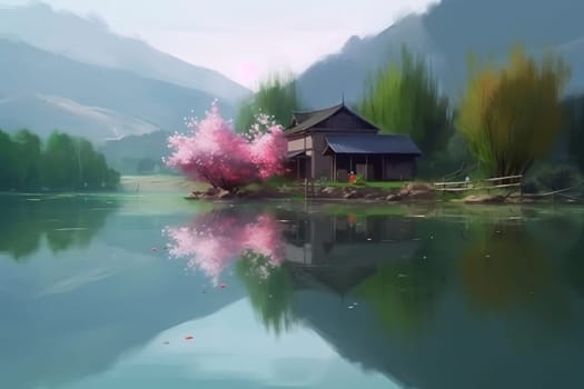 Lake spring scenery. Garden forest. Generate Ai