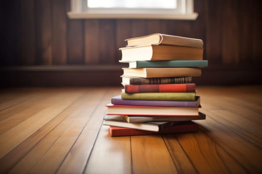 Book stack on floor. Learn page. Generate Ai