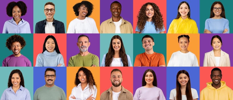 A vibrant collage of men and women from diverse ethnic backgrounds, each smiling and posing confidently in front of a colorful backdrop, exuding positivity and approachability