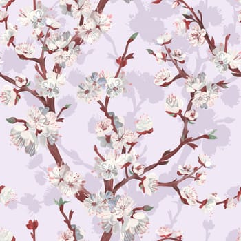 Botanical seamless pattern with sakura cherry branch drawn in gouache for textile