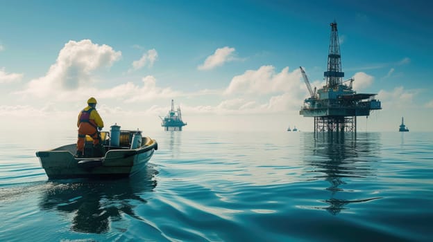 A person is on a watercraft near an offshore oil rig, surrounded by water and sky, while the wind blows and clouds float above. AIG41