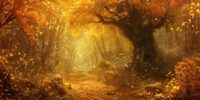 An enchanted forest in autumn, filled with golden leaves in autumn. Resplendent.