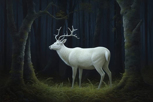 White deer in forest. Rare park animal. Generate Ai