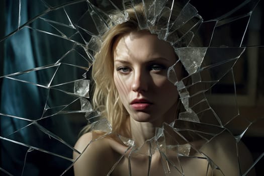 Woman broken glass view. Female closeup. Fictional person. Generate Ai