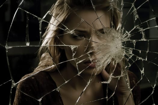 Woman broken glass window. Shard female. Fictional person. Generate Ai