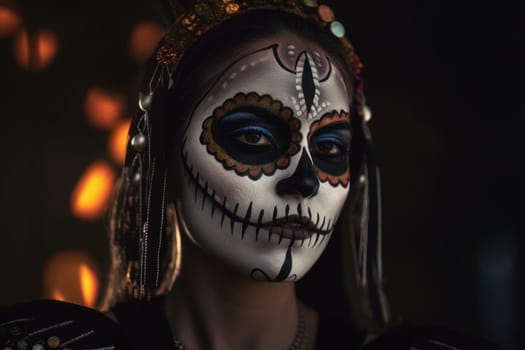 Woman skull makeup. Mask face. Fictional person. Generate Ai