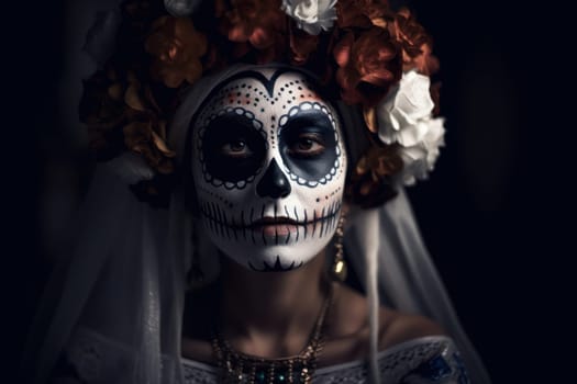 Woman skull holiday makeup. Sexy art. Fictional person. Generate Ai