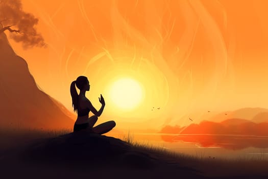 Woman yoga sunset. Female body. Fictional person. Generate Ai