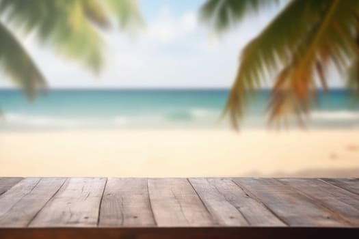 Wooden table tropical beach. Summer sky. Generate Ai